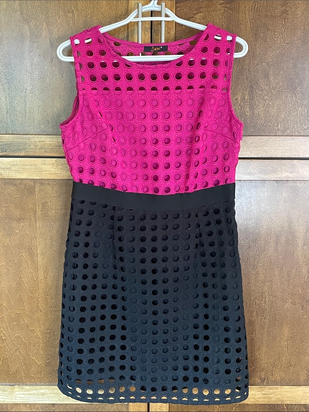 Dex Fuchsia and Black Eyelet Midi Dress PTP 17” Waist 15.5”